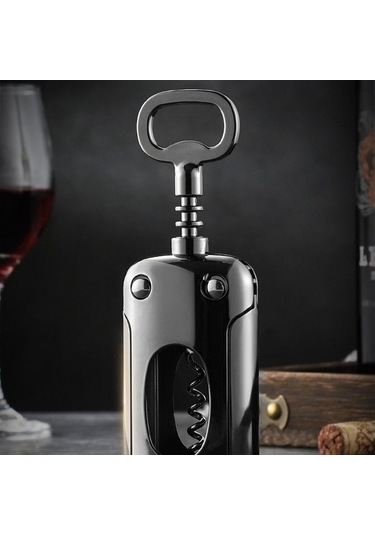 Fastbuy Üçlü Mekanizmalı Paslanmaz Çelik Şarap Tirbuşonu - Ayna Yüzeyli Profesyonel Sommelier Büküm Vidası Siyah Hızlı Kolay Siyah