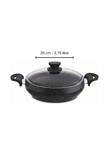 Granit Pro 26 Cm Basık Granit Güveç Tencere Siyah Bakalit Saplı Cam Kapaklı Yapışmaz
