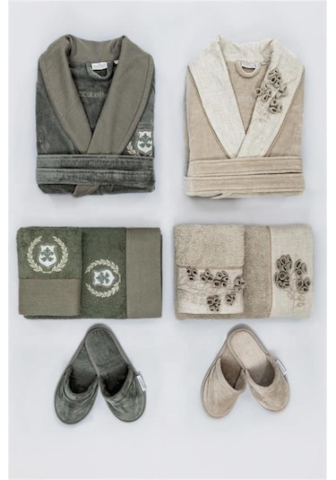 Ecocotton Masal Aile Bornoz Seti M-L Bej-Yeşil Bej - Yeşil