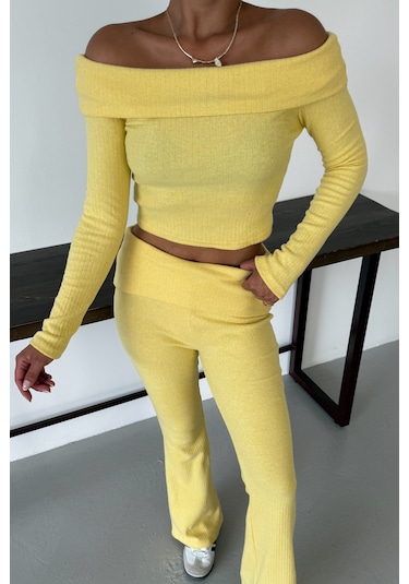 Modagen Kadın Sarı Madonna Yaka Alt-üst Pantolonlu İnterlok Takım Sarı