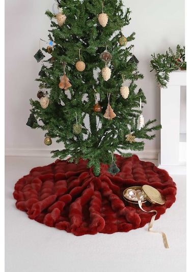 Çam Ağacı Ayak Halısı Örtüsü, Yılbaşı Ağacı Altı Örtüsü Peluş Bordo, Bubble Halı 100x100 Cm