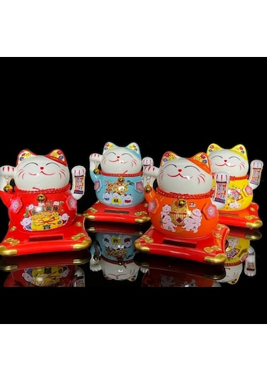 Seramik Maneki Neko Turuncu Güneş Enerjili Şans Kedisi 12cm No.4