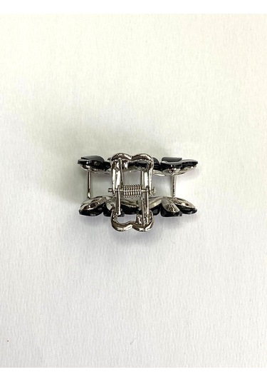 Siyah Taşlı Çiçek Gümüş Detaylı Metal Mandal Toka 4 Cm Siyah