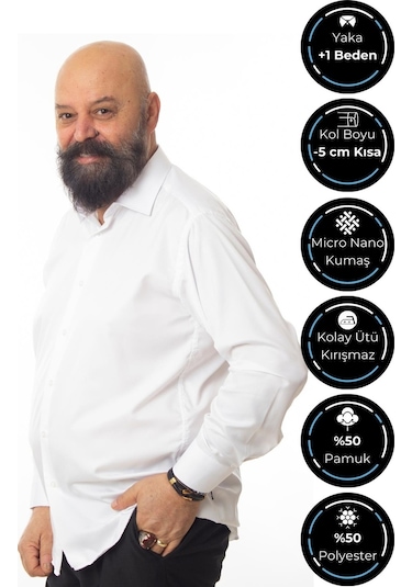 Beyaz Ekstra Büyük Yaka 4 Drop Rahat Kesim Micro Kumaş Kol Düğmeli Regular Fit Erkek Gömlek - 189-1-dc24w 001