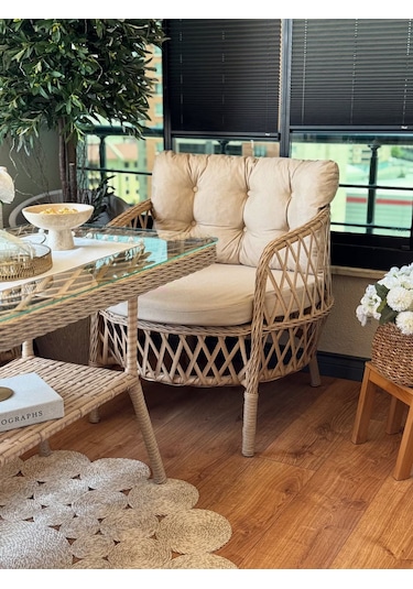 Paris Bahçe Balkon Bambu Rattan Oturma Grubu Bambu - Krem