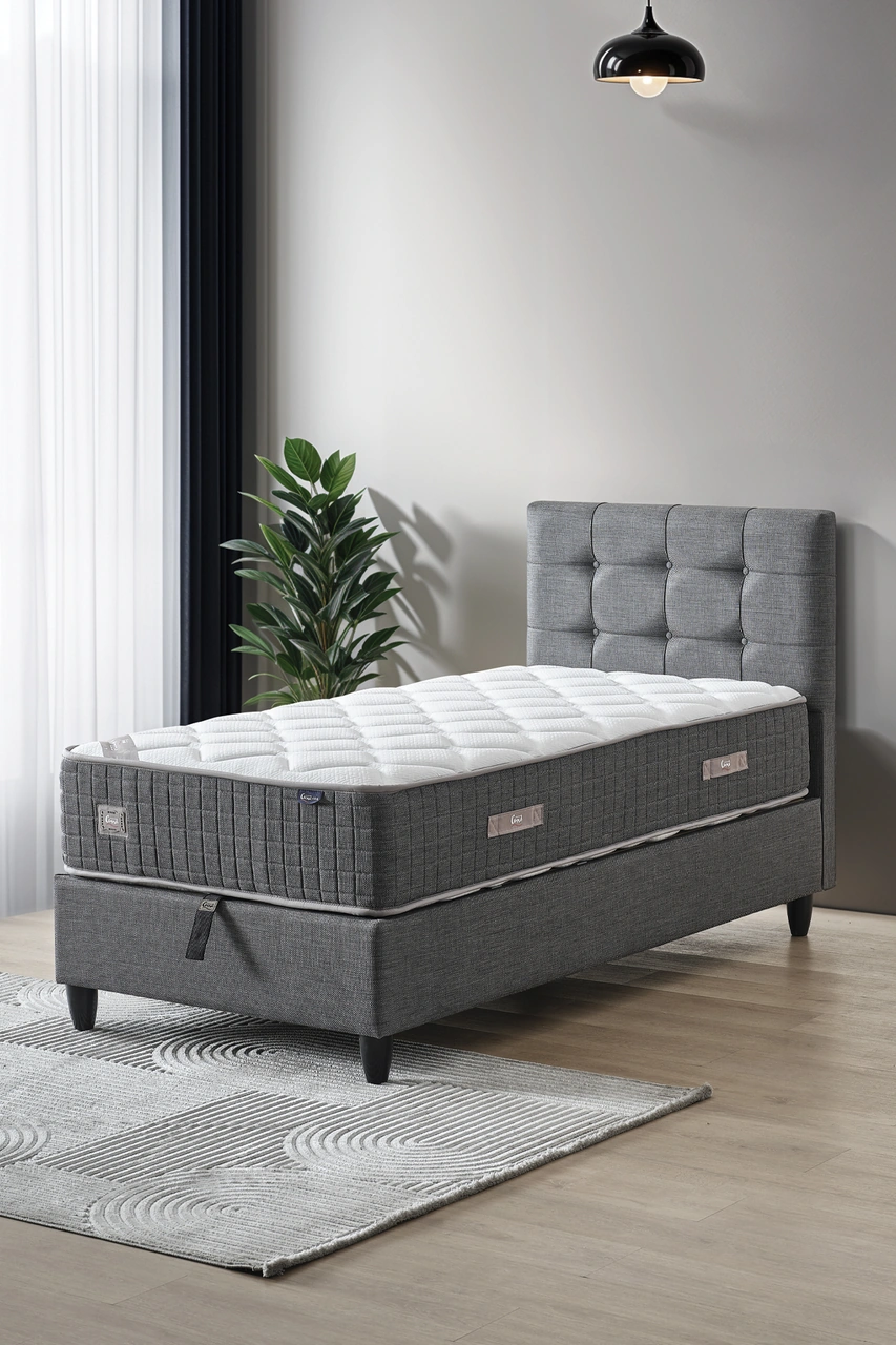 Mimoza Modeli Tek Kişilik Full Ortopedik Antibakteriyel Yataklı Baza Ve Başlık Takımı 3 Lü Set 90 x 190