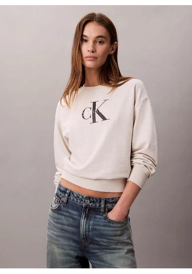Calvin Klein Jeans Monologo Uzun Kollu Rahat Kesim Penye Bisiklet Yaka Kadın Gri Sweatshirt Lv047b23 Gri