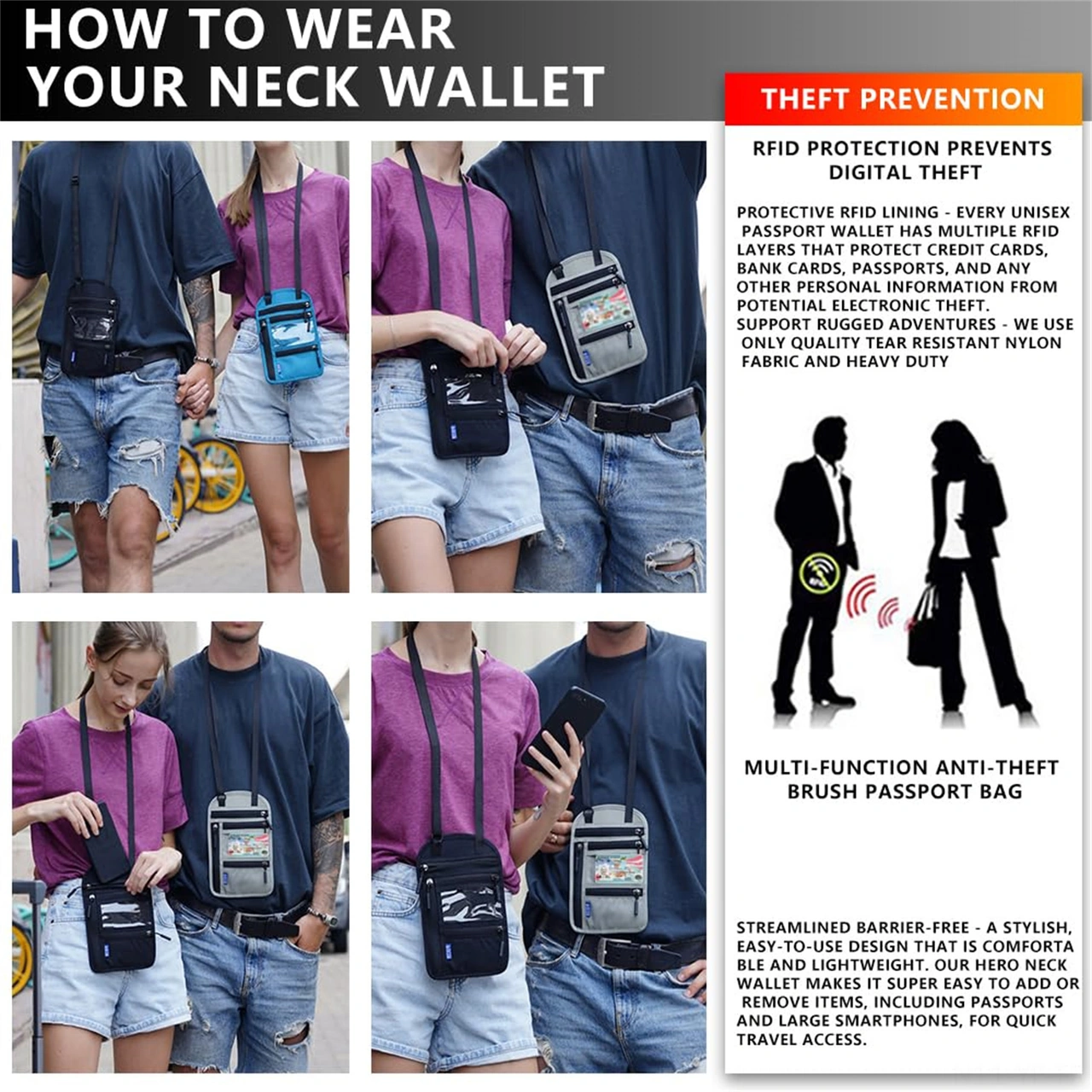 Yifomall Yolculuk Rfıd Koruma Nylon Askılı Cüzdan - Pasaport, Bilet Ve Belgeler İçin Ultra Hafif Gizli Saklama Çantası Göl Mavisi