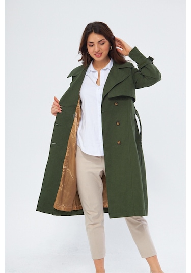 Pastelastore %100 Pamuk Gabardin Uzun 110cm Astarlı Kemerli Kadın Trençkot 1111 Koyu Haki