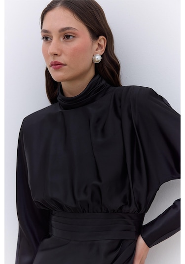 Manuka Saten Omuz Drapeli Abiye Elbise Siyah