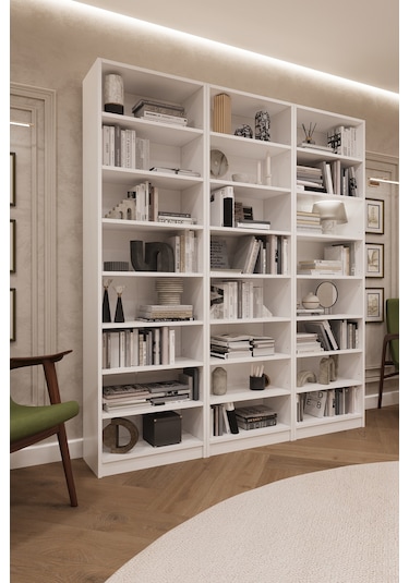 Asra Trend K-20 %100 MDF 180 cm 3 Modüllü Kitaplık 21 Raflı Dev Kütüphane Beyaz