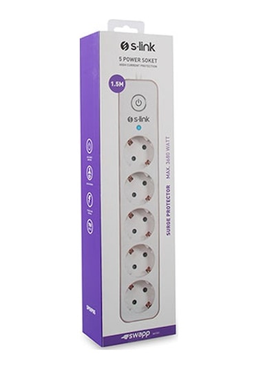 S-link Swapp SPGIP05 750J 5'li Akım Korumalı Priz 1.5 Metre Gümüş - Beyaz