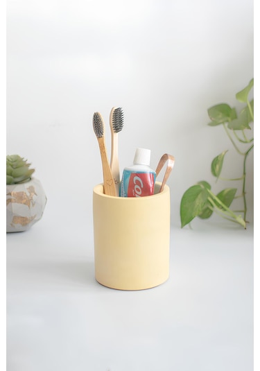 Beton Silindir Organizer Diş Fırçalık, Kalemlik, Makyaj Fırçalık Çok Amaçlı Düzenleyici Sarı