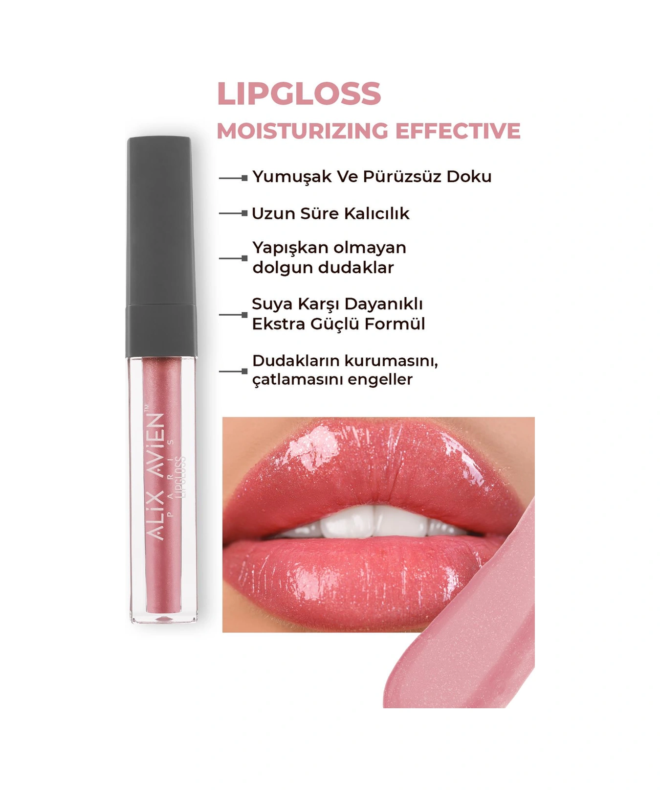 Alix Avien Uzun Süre Kalıcı Yapışkan His Bırakmayan Nemlendirici Dudak Parlatıcısı Lipgloss 09 Softly Pink