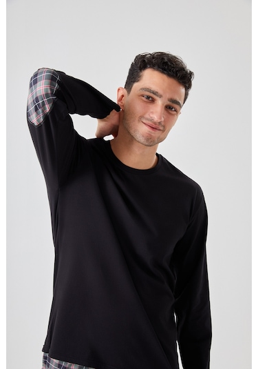 Erkek Pamuklu Uzun Kollu Yamalı Ekose Desenli Pijama Takımı Ko60104 Siyah - Kırmızı