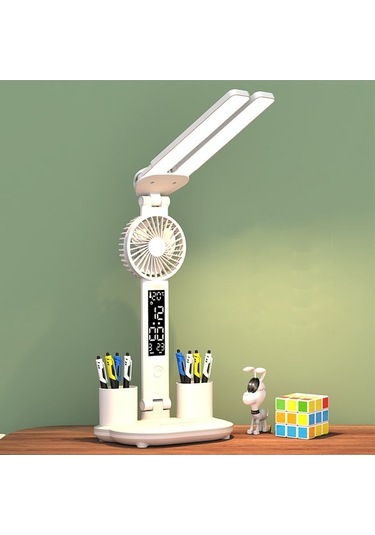 Maoyaya Fanlı Çift Kafa Led Masa Lambası, Dokunmatik Kontrol, Saat Ve Kalem Tutuculu Diğer