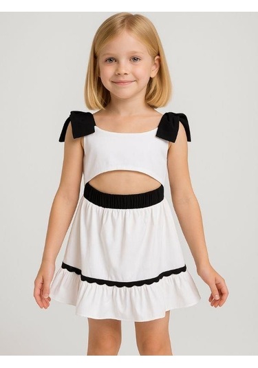 Kız Çocuk Omuzları Fiyonk Detaylı Bel Dekolte Detaylı Elbise-16068 Beyaz