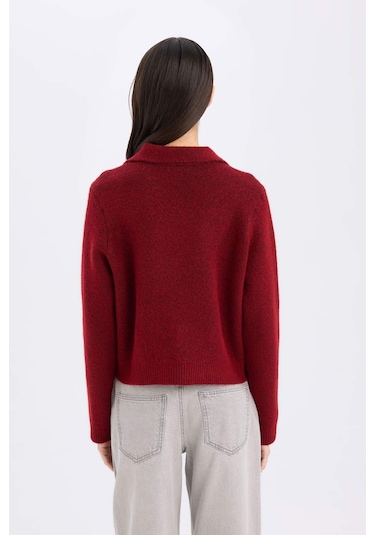 DeFacto Regular Fit Polo Yaka Basic Düz Düğmeli Triko Hırka E2289AX24WNBR93 Bordo