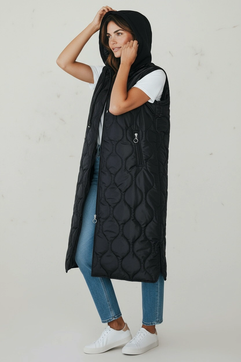 Kadın Önü Fermuarlı Yanlardan Cepli Kapüşonlu Kapitone Yelek Siyah