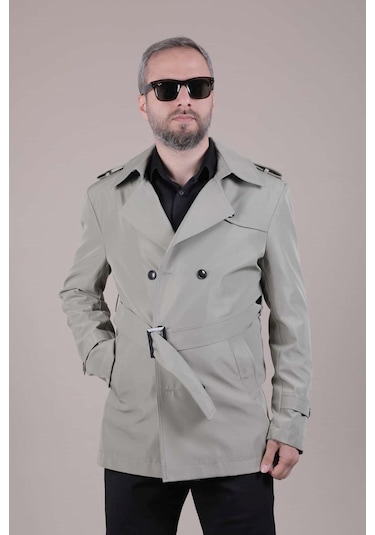 Ohepmoda Slim Fit Kemerli Erkek Trençkot Su Yeşili