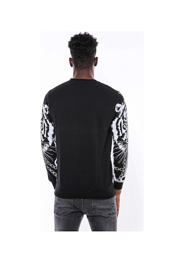 Wessi Siyah Taşlı Baskılı Bisiklet Yaka Sweatshirt Siyah