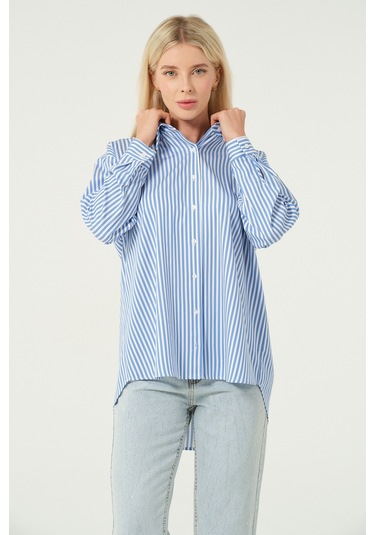 Basic Oversize Çizgili Gömlek Buz Mavisi