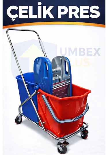 Umbex Plus- Çift Kovalı Metal Presli Krom Araba,krom Temizlik Arabası