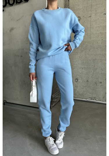 Modagen Unisex Bebe Mavi Bisiklet Yaka Düz Oversize Alt-üst Eşofman Takımı Bebe Mavi