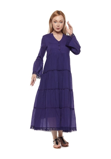 Uzun Kollu Mor Düğmeli Vual Yazlık Uzun Elbise