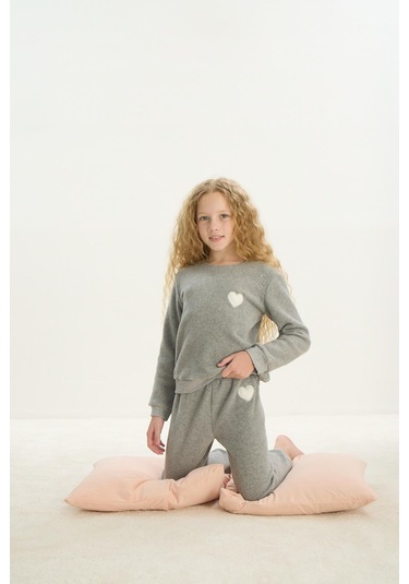 Kız Çocuk Garson Uzun Kol Polar Gri Melanj Pijama Takım C0t5n7o8 001