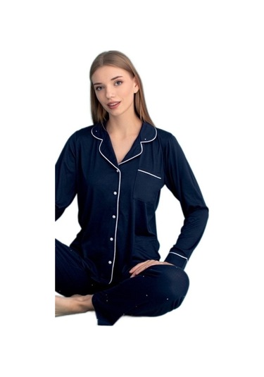 Berna Collection Kadın Pijama Takımı Düğmeli Yumuşak Dokulu Esnek Lacvert