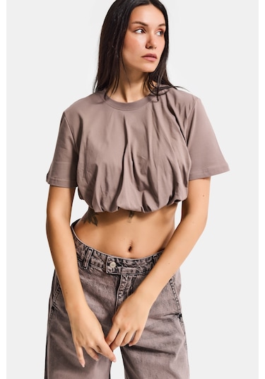 Itsbasic Kadın Açık Antrasit S6-16 Crop Balon Fit T-shirt