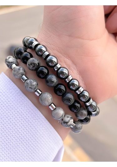 Nursaat 3 Lü Özel Tasarım Unisex Doğal Taş Bileklik Jasper-hematit-onix 08 Renkli