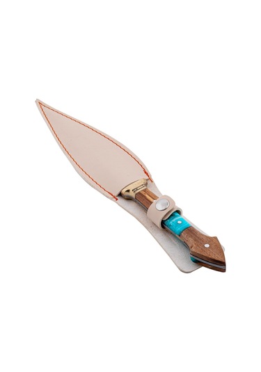 Çift Ağızlı Çerkez Bıçağı - Deri Kılıflı - Epoksi Sap - Büyük - Turkuaz Çok Renkli