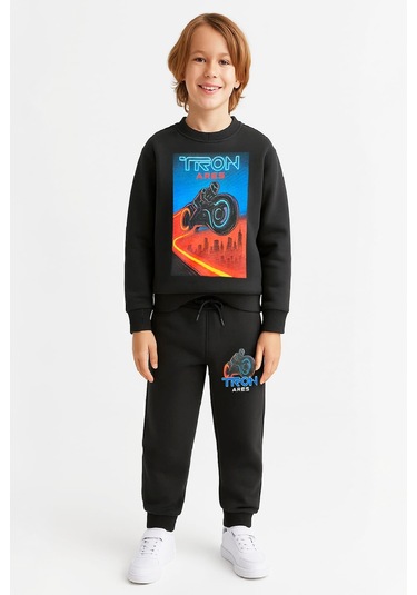 Erkek Çocuk 3 İplik Şardonlu Alt-üst Takım Görsel Baskılı 3-10 Yaş 12408 Siyah