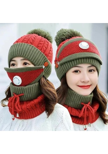 Novahub Üçü Bir Arada Kış Kadın Tek Parça Şapka Artı Kadife Sıcak Pamuk Maske Şapka Yün Kap Baotou Önlük Yeşil Yeşil