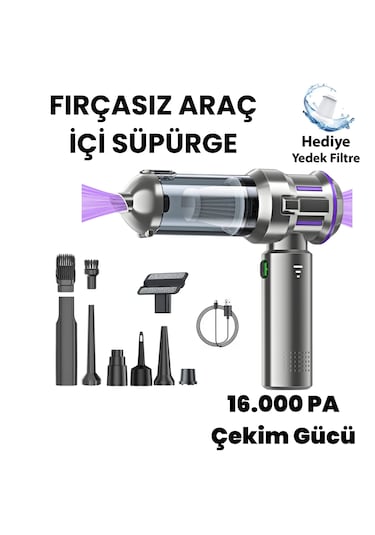 Yeni 16000pa Güçlü Portatif Vakumlu Kablosuz Üflemeli Mini Araç Süpürgesi Gri