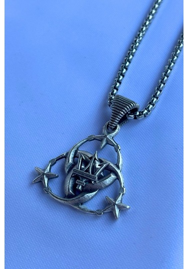 Mızraklı Ay Yıldız El İşçiliği Paslanmaz Çelik Zincir Erkek Kolye Gümüş