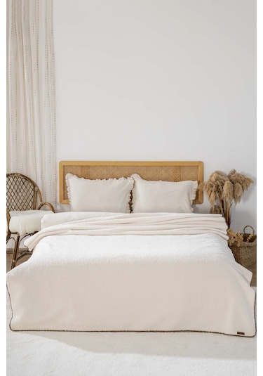 Krem Valencia Sherpa Çift Kişilik Peluş Battaniye Krem