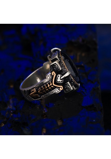 Mavi Yıldız Taşlı Tasarım 925 Ayar Gümüş Erkek Yüzük Gümüş