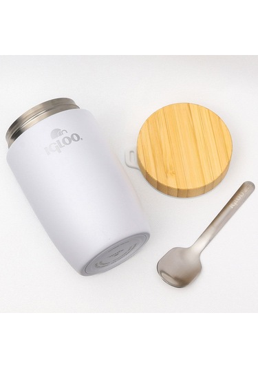 Bambu Kapak Yemek Termosu 500ml Çelik Termos Beyaz 12 Saat Sıcak Tutar Beyaz