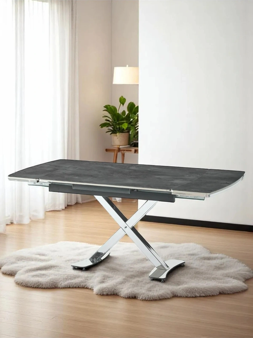 Dengema Diamond Açılır Kapanır Masa Siyah Mermer, Krom Ayak, 80 120/180 Cm, 4 6 Kişilik Sandalyesiz Siyah Mermer - Krom Ayak