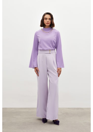 Sateen Bel Detaylı Pantolon - Lila