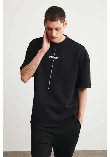 Grimelange Project Erkek Baskı Detaylı Oversize Fit %100 Organik Pamuk Örme Bisiklet Yaka Örme Siyah T-shirt