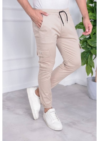 Erkek Paça Lastik Slim Fit Kargo Pantolon M Krem