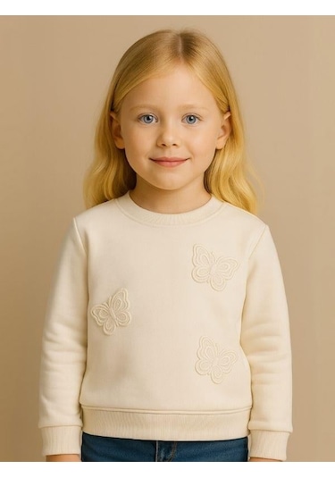 Kız Çocuk Kelebek Desenli Sweatshirt-16229 Beyaz
