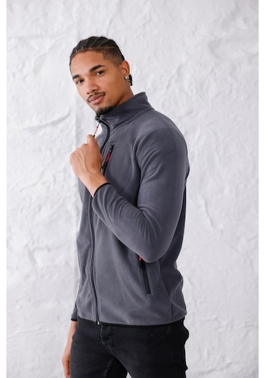 Monox Erkek Biyeli Fermuarlı Spor Polar Ceket Füme