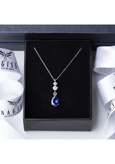 Lacivert Damla Model Zirkon Taşlı 925 Ayar Gümüş Kadın Kolye Gümüş - Rodyum