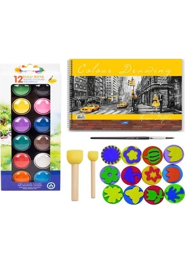 sulu boya baskı seti ponpon fırçalı 25x35 resim defterli set