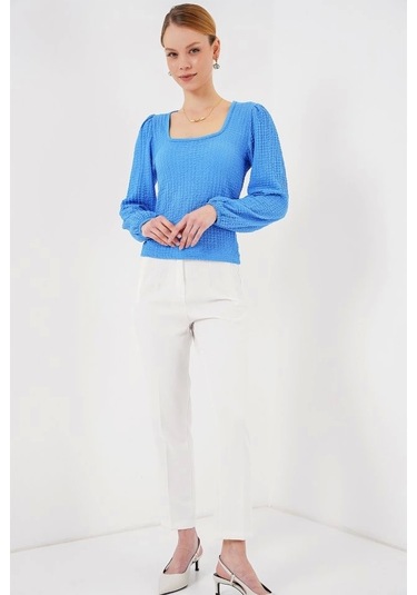Defymoda 0442 Uzun Kollu Bluz - Saks Saks